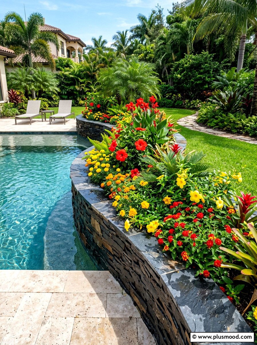 Raised garden pool border - 25 pool landscaping ideas with curved planters
