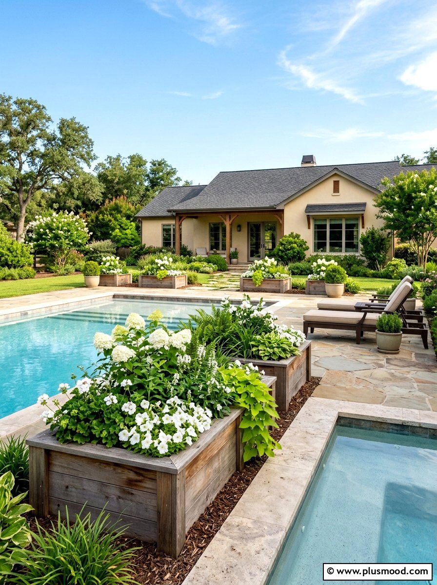 Raised planter boxes pool - 25 pool landscaping ideas for ranch homes