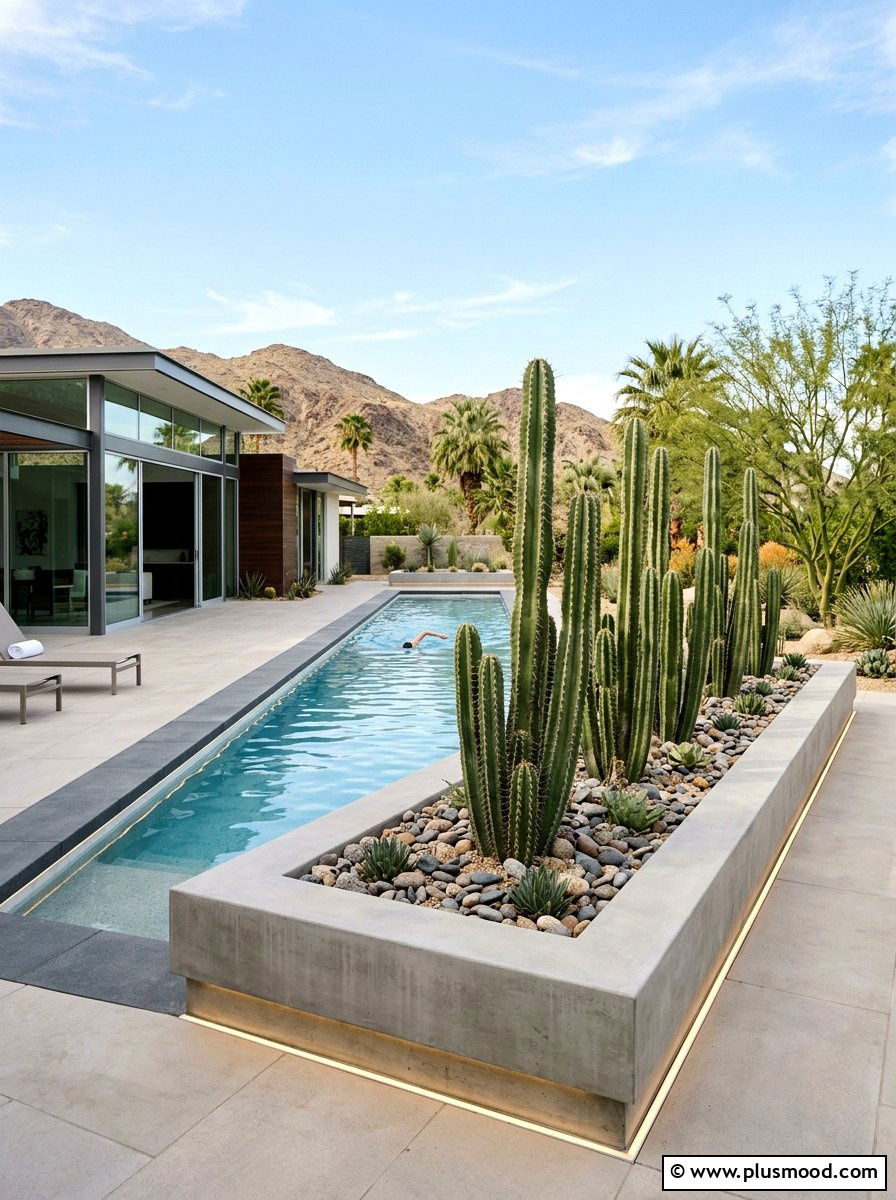 Raised planter cactus pool edge - 25 pool landscaping ideas with cactus garden