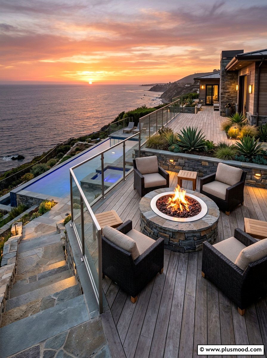 Raised pool deck fire pit - 25 pool landscaping ideas with fire feature