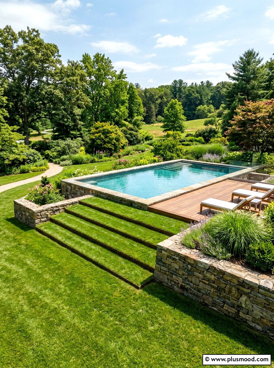 Raised pool with grass steps - 25 pool landscaping ideas with grass