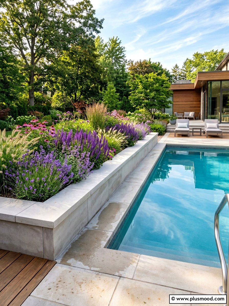 Raised stone garden bed for pool - 25 pool landscaping ideas for corner pools