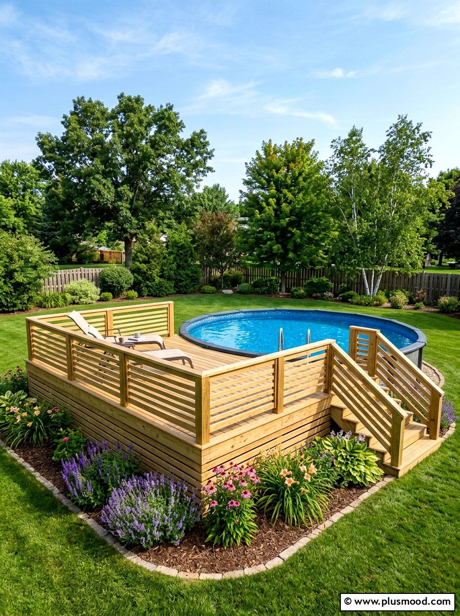 Raised wooden deck for above ground pool - 25 pool landscaping ideas with wooden deck
