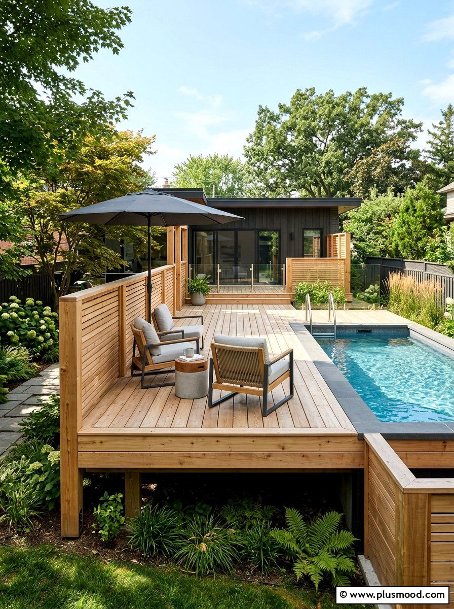 Raised wooden pool deck - 25 pool landscaping ideas for small spaces