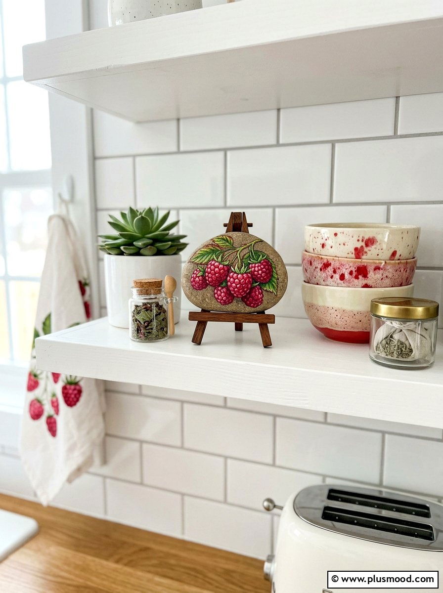 Raspberry rock art details - 25 painted rock ideas with fruit design