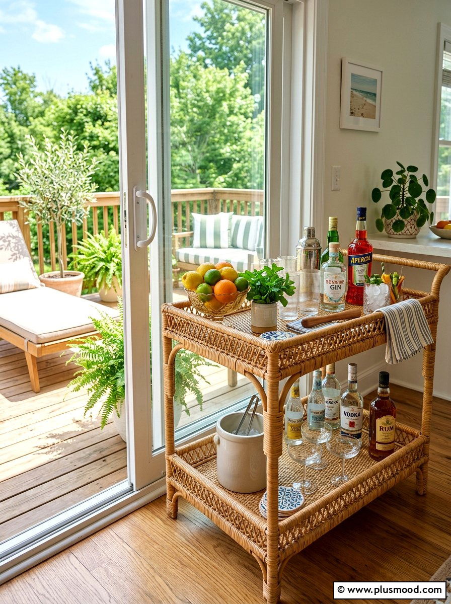 Rattan Bar Cart - 25 summer decor ideas with rattan