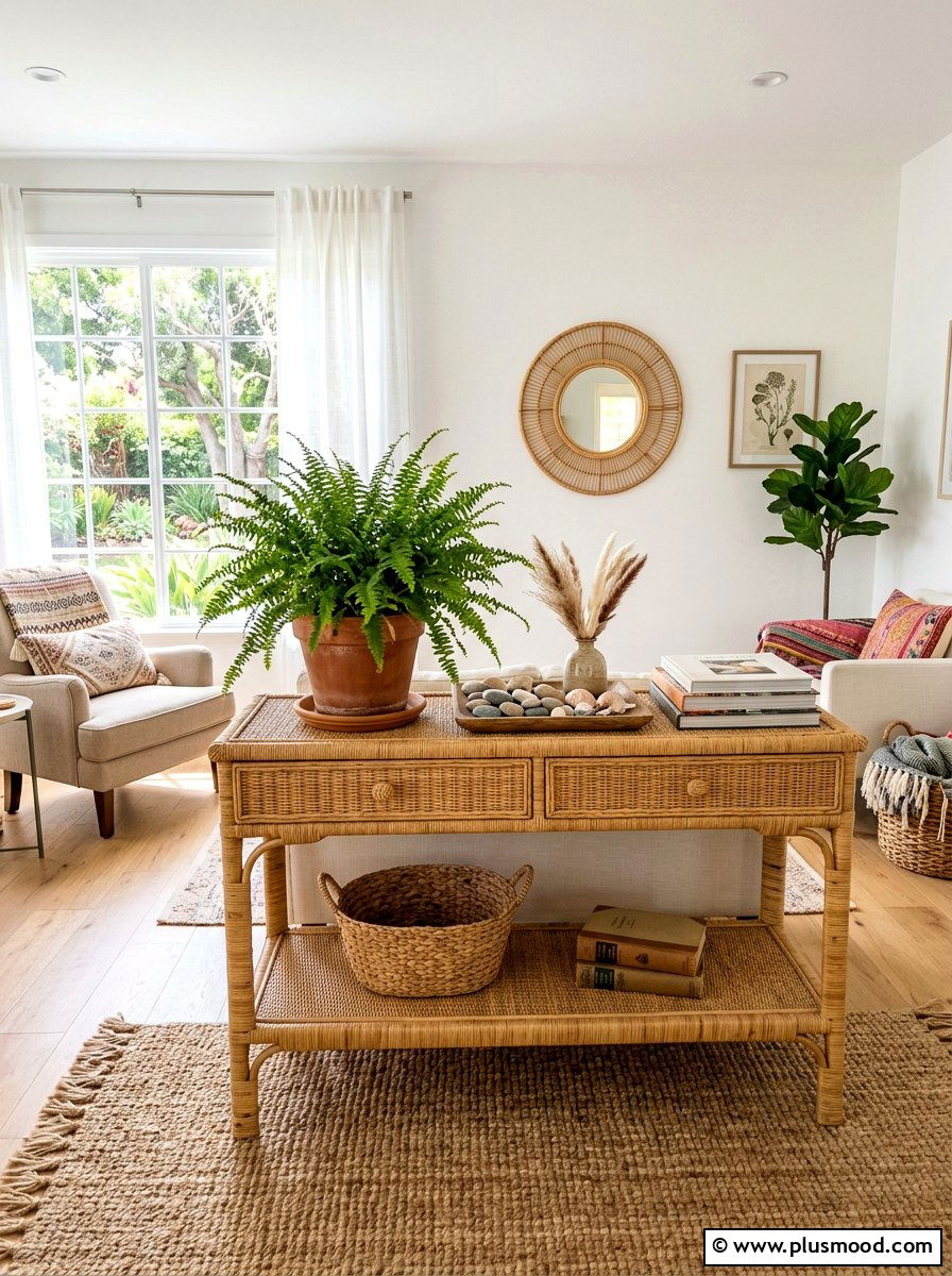 Rattan Console Table - 25 summer console table ideas for living room