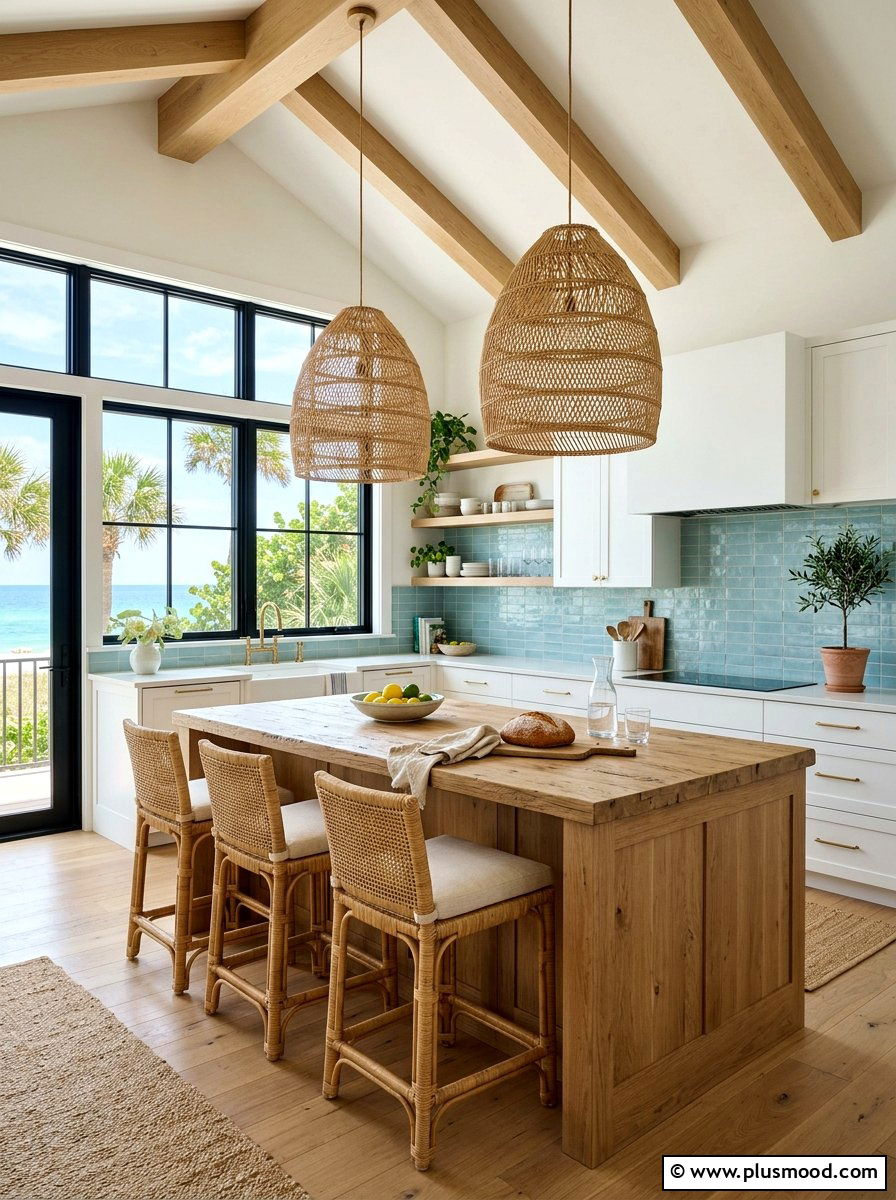 Rattan Kitchen Pendant Lights - 25 summer coastal kitchen ideas