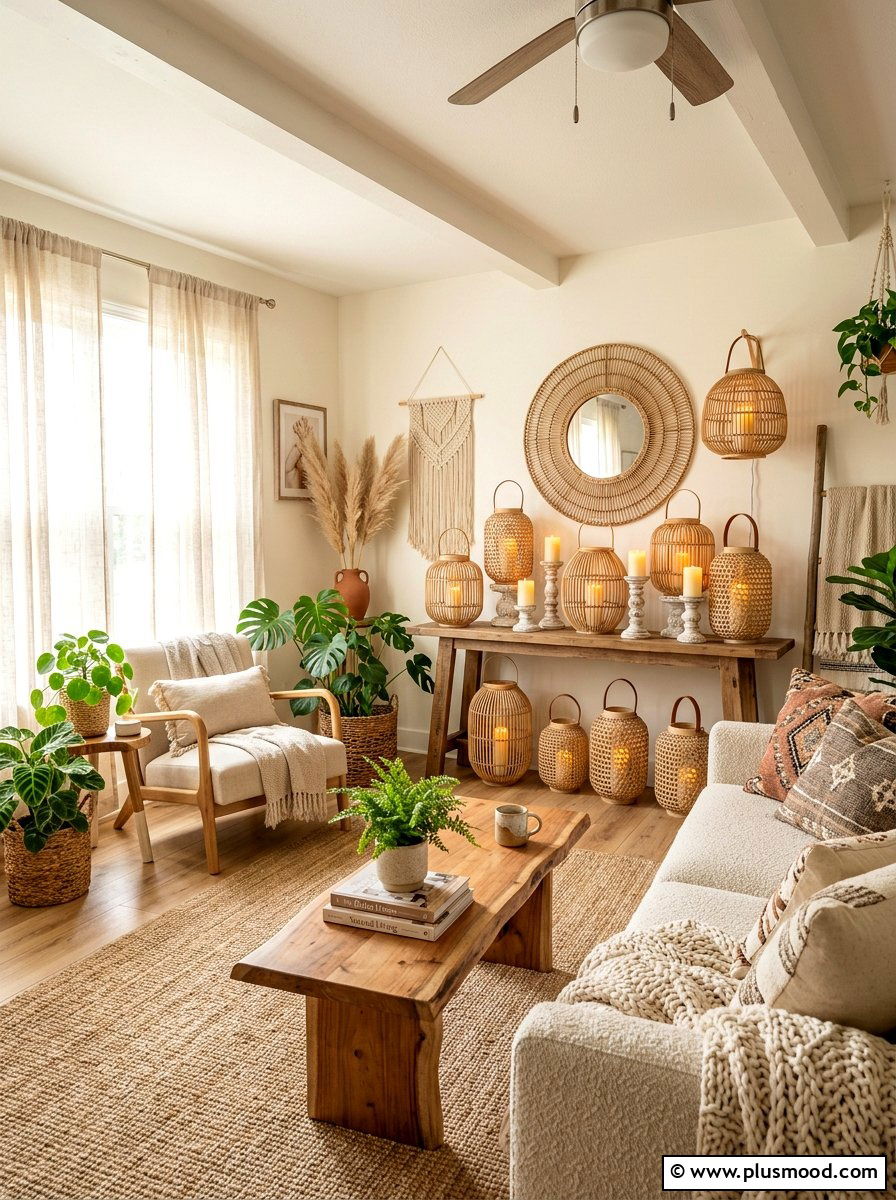 Rattan Lantern Display - 25 summer shelf styling ideas for living room