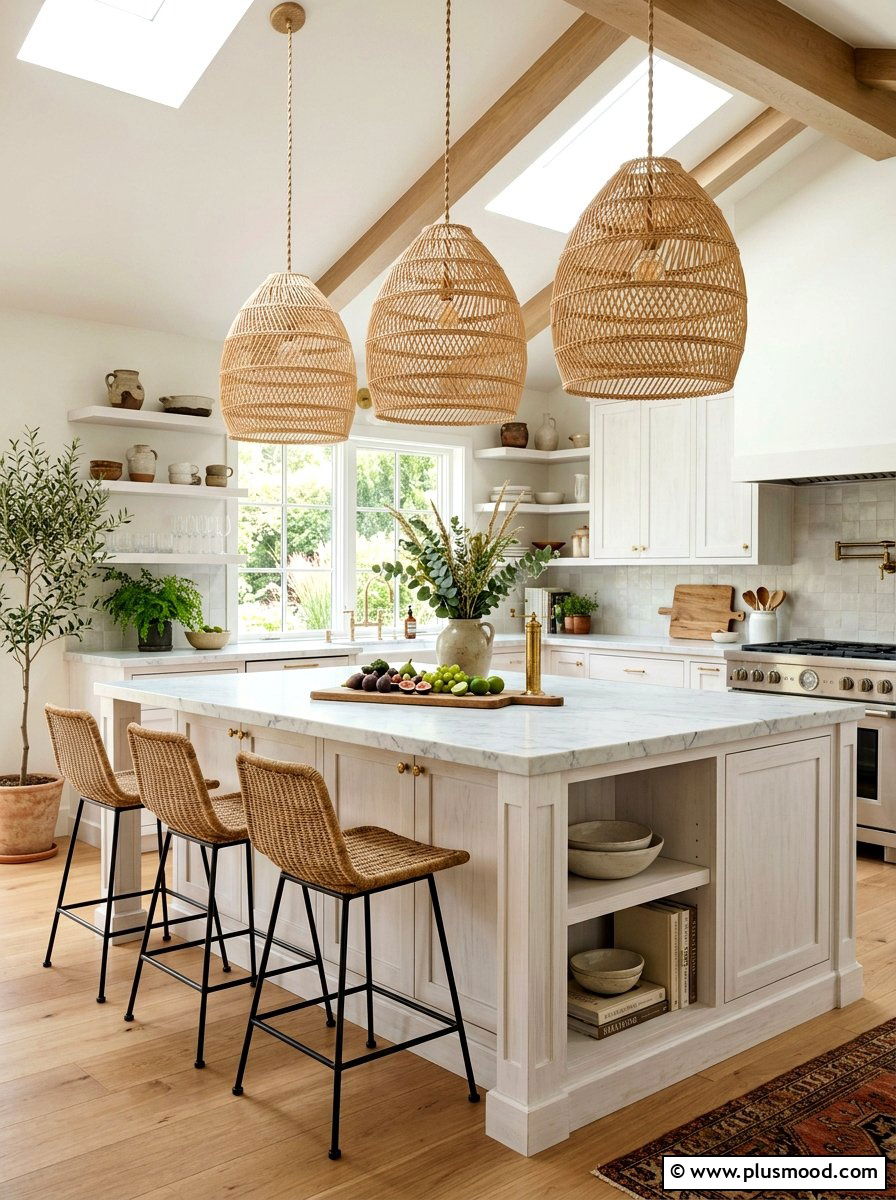 Rattan Pendant Lights - 25 summer picnic style kitchen decor ideas