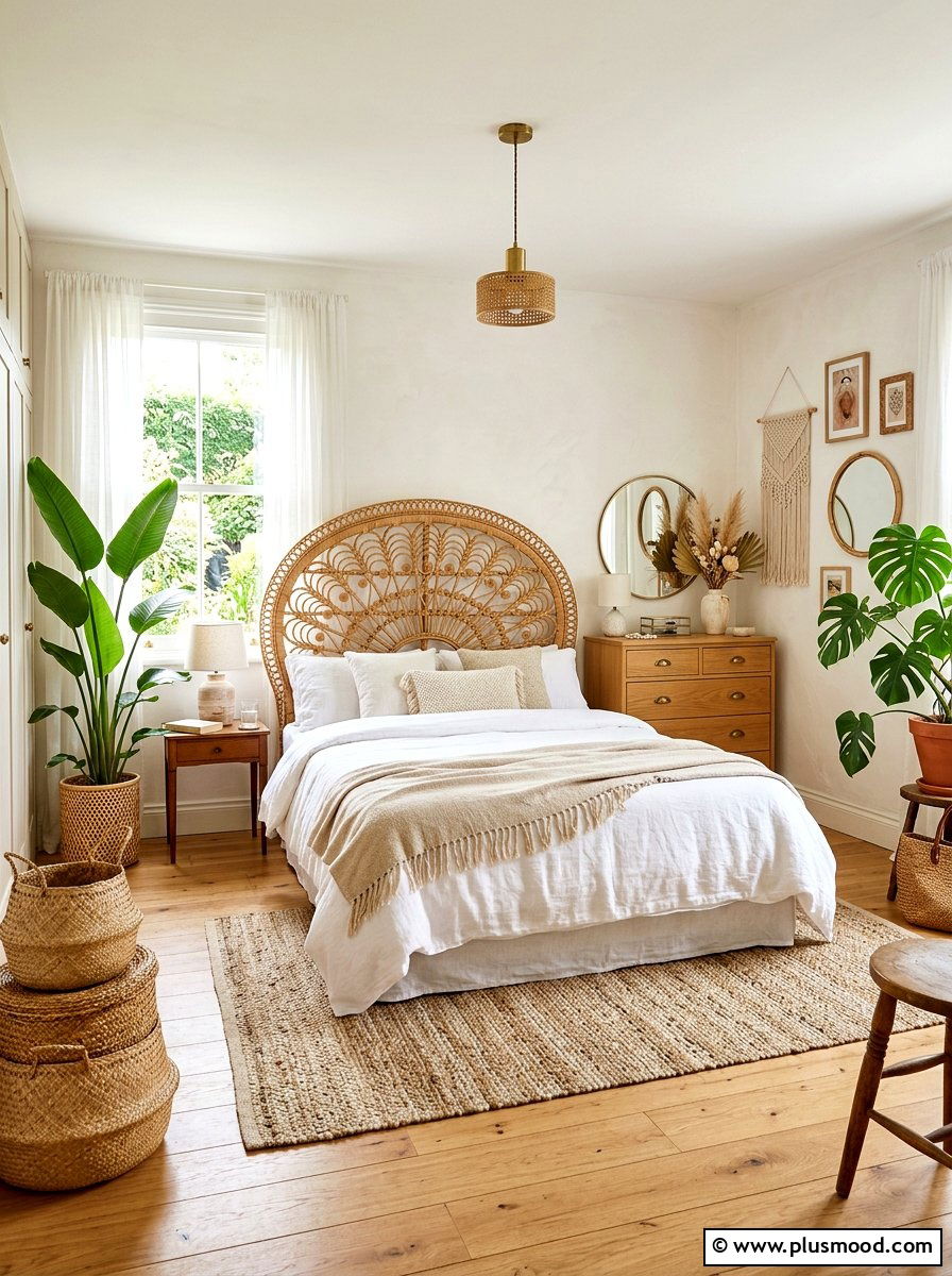 Rattan headboard bedroom - 25 boho summer bedroom ideas