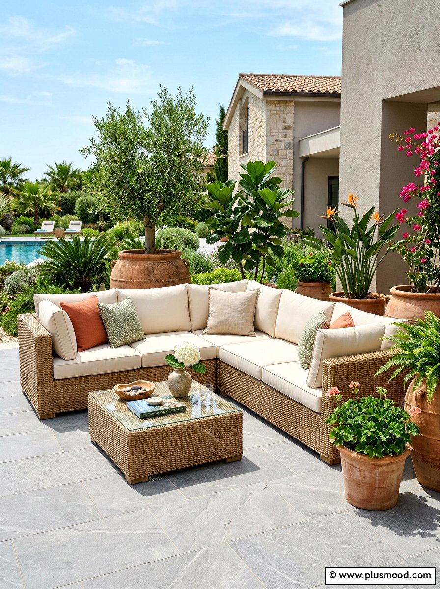 Rattan patio lounge - 25 late summer decor ideas