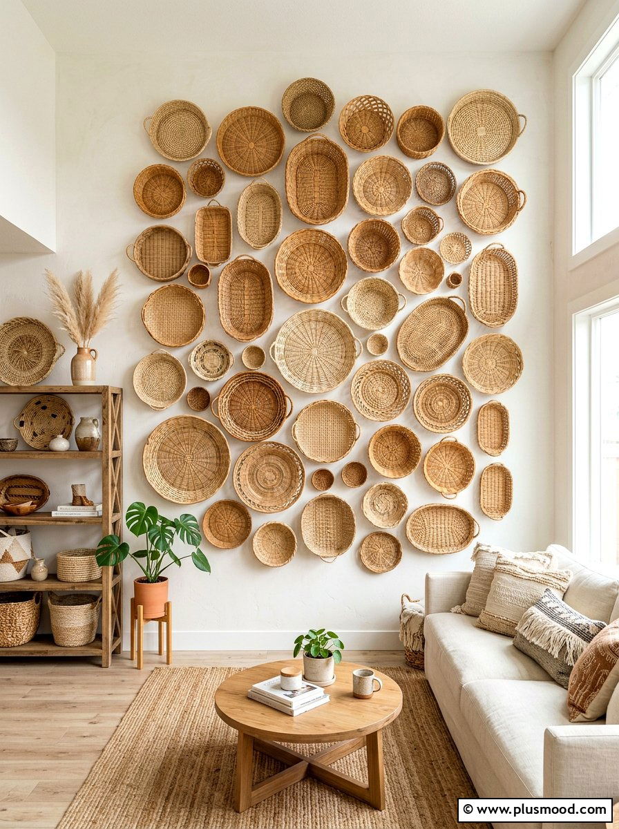 Rattan shelf baskets - 25 summer shelf decor ideas