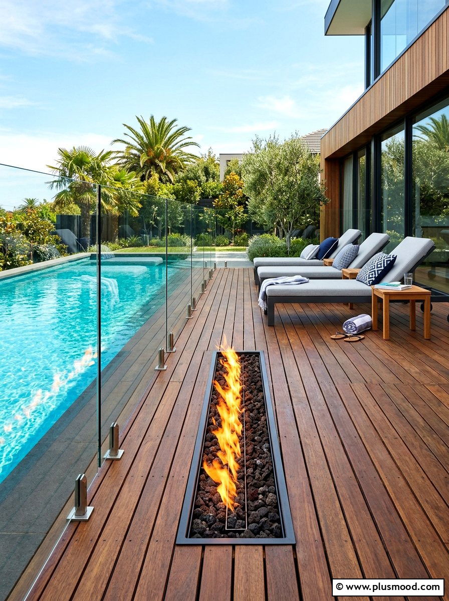 Recessed Linear Fire Pit - 25 summer poolside fire feature ideas