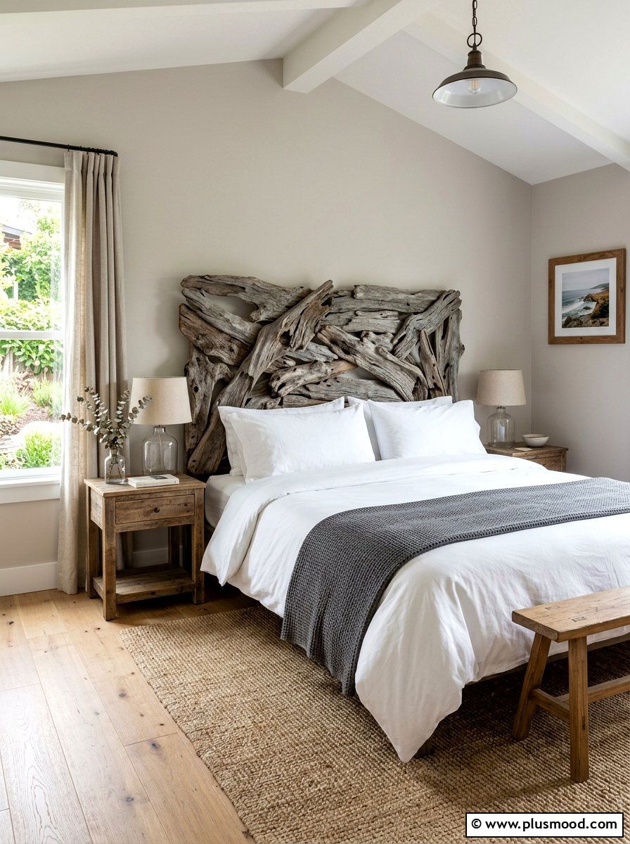 Reclaimed Driftwood Headboard Bedroom - 25 summer coastal farmhouse bedroom ideas