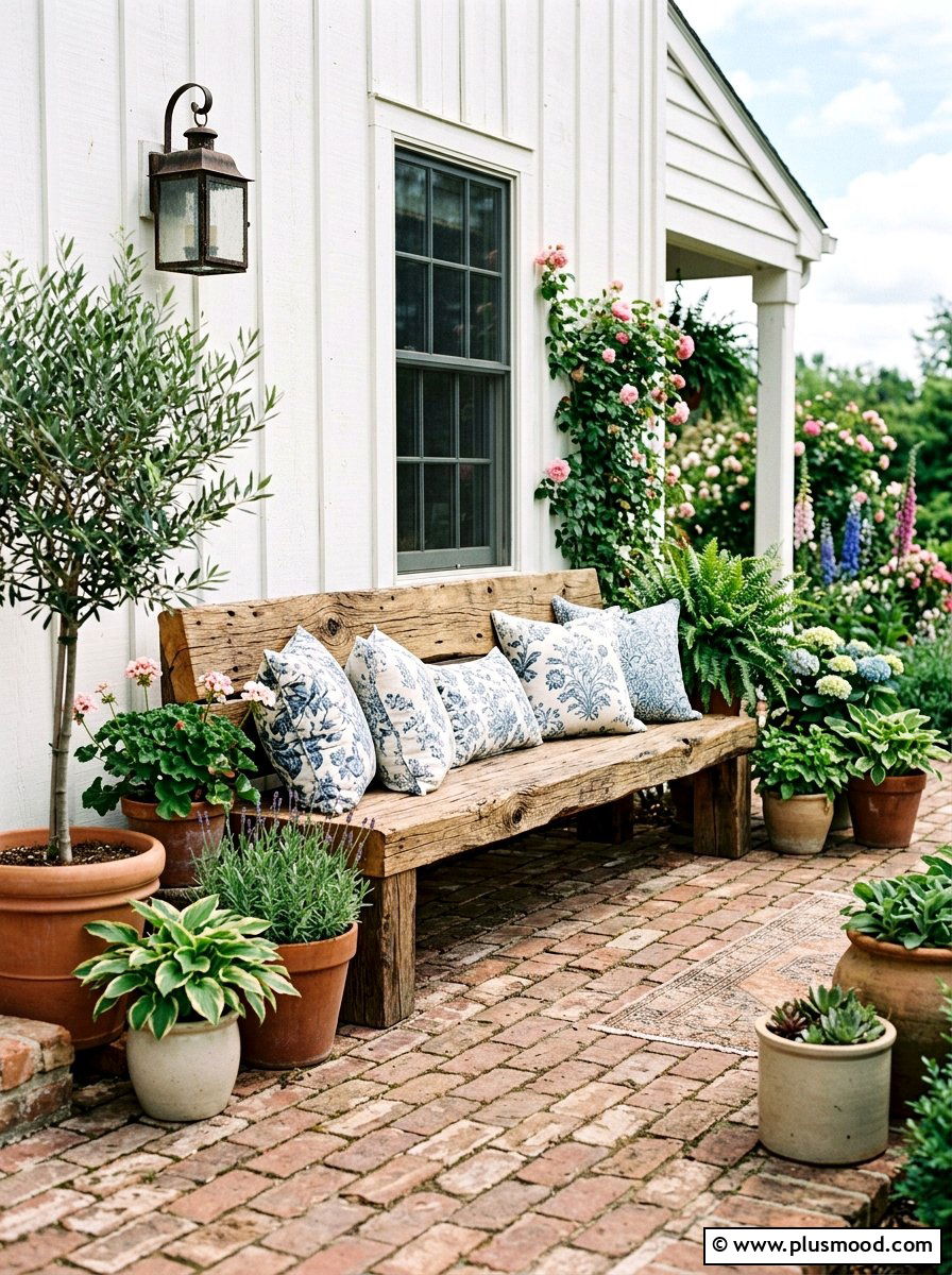 Reclaimed Wood Bench - 25 summer farmhouse patio ideas