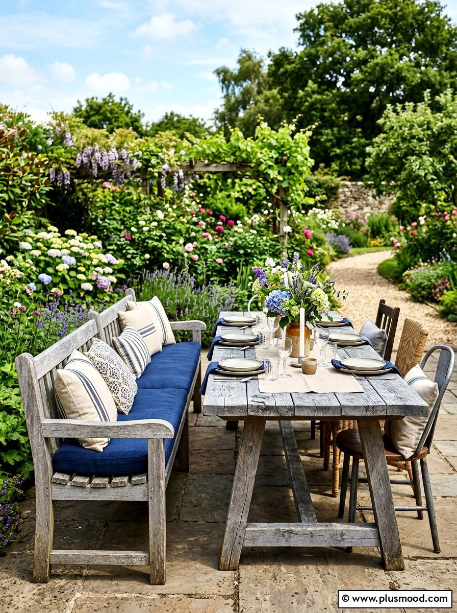 Reclaimed Wood Bench - 25 summer patio dining decor ideas