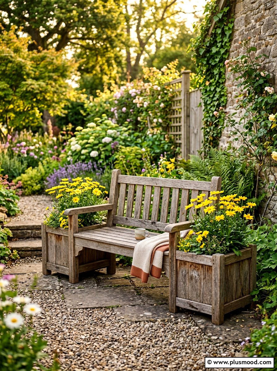 Reclaimed Wood Bench Planter - 25 summer farmhouse planter ideas