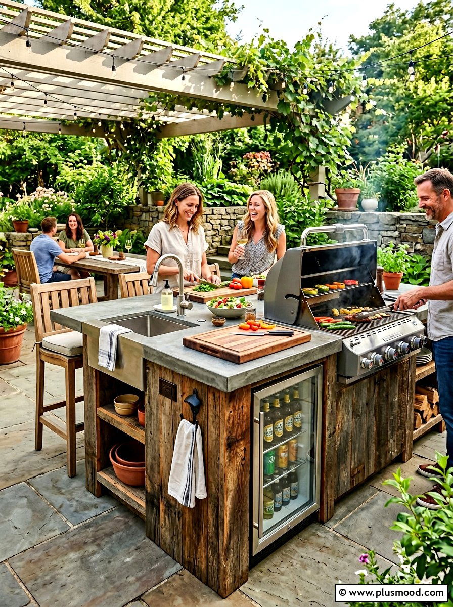 Reclaimed Wood Outdoor Kitchen - 25 summer farmhouse pool area ideas