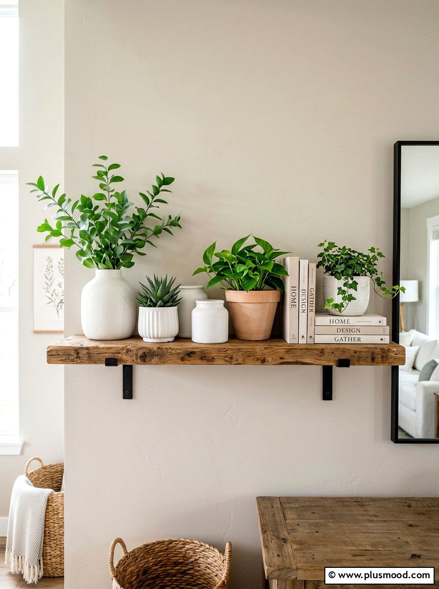 Reclaimed Wood Shelf - 25 farmhouse summer living room ideas