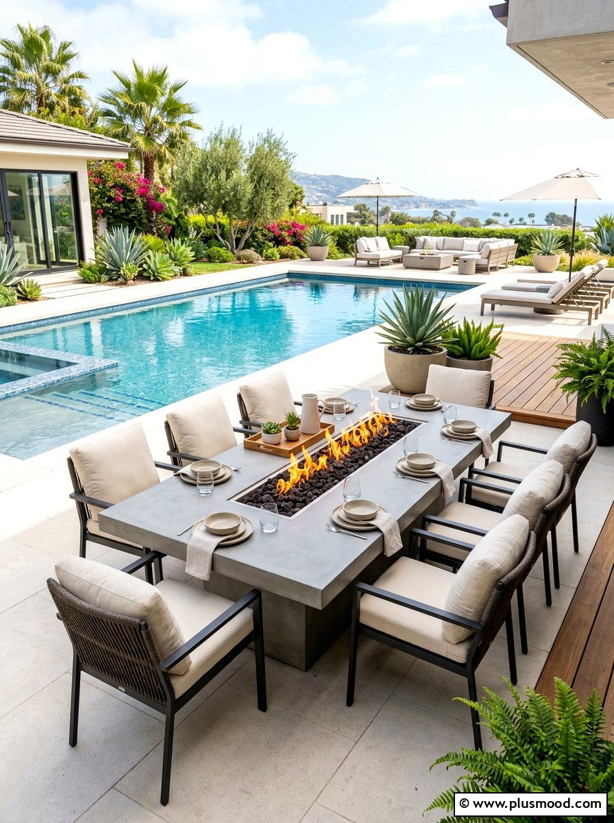 Rectangular Concrete Fire Table - 25 summer poolside fire feature ideas