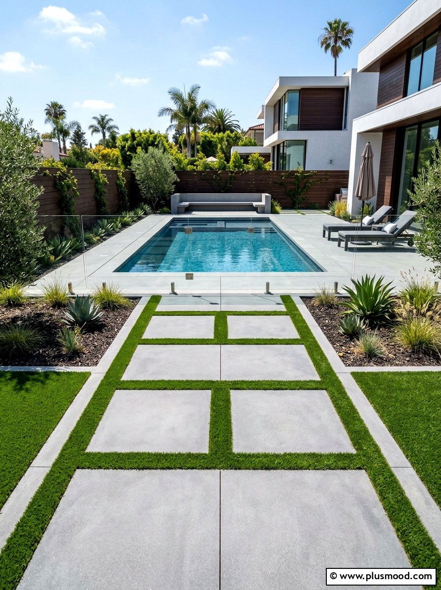 Rectangular concrete pavers - 25 pool landscaping ideas with stepping stones