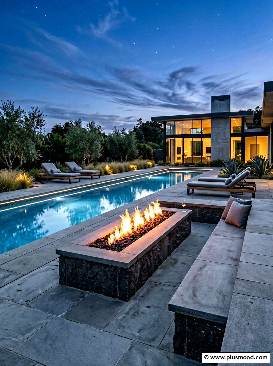 Rectangular pool fire pit - 25 pool landscaping ideas with fire feature