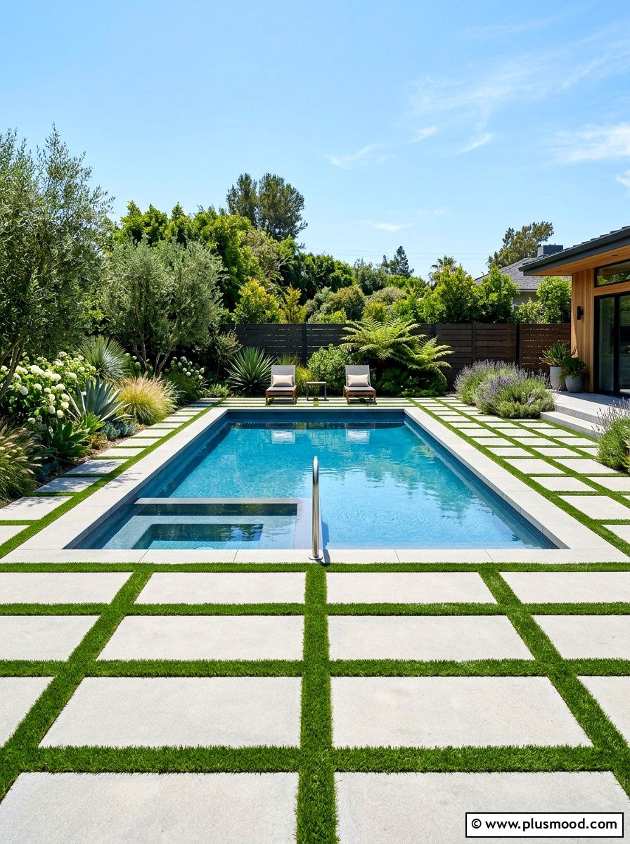 Rectangular pool with turf and pavers - 25 pool landscaping ideas with artificial turf