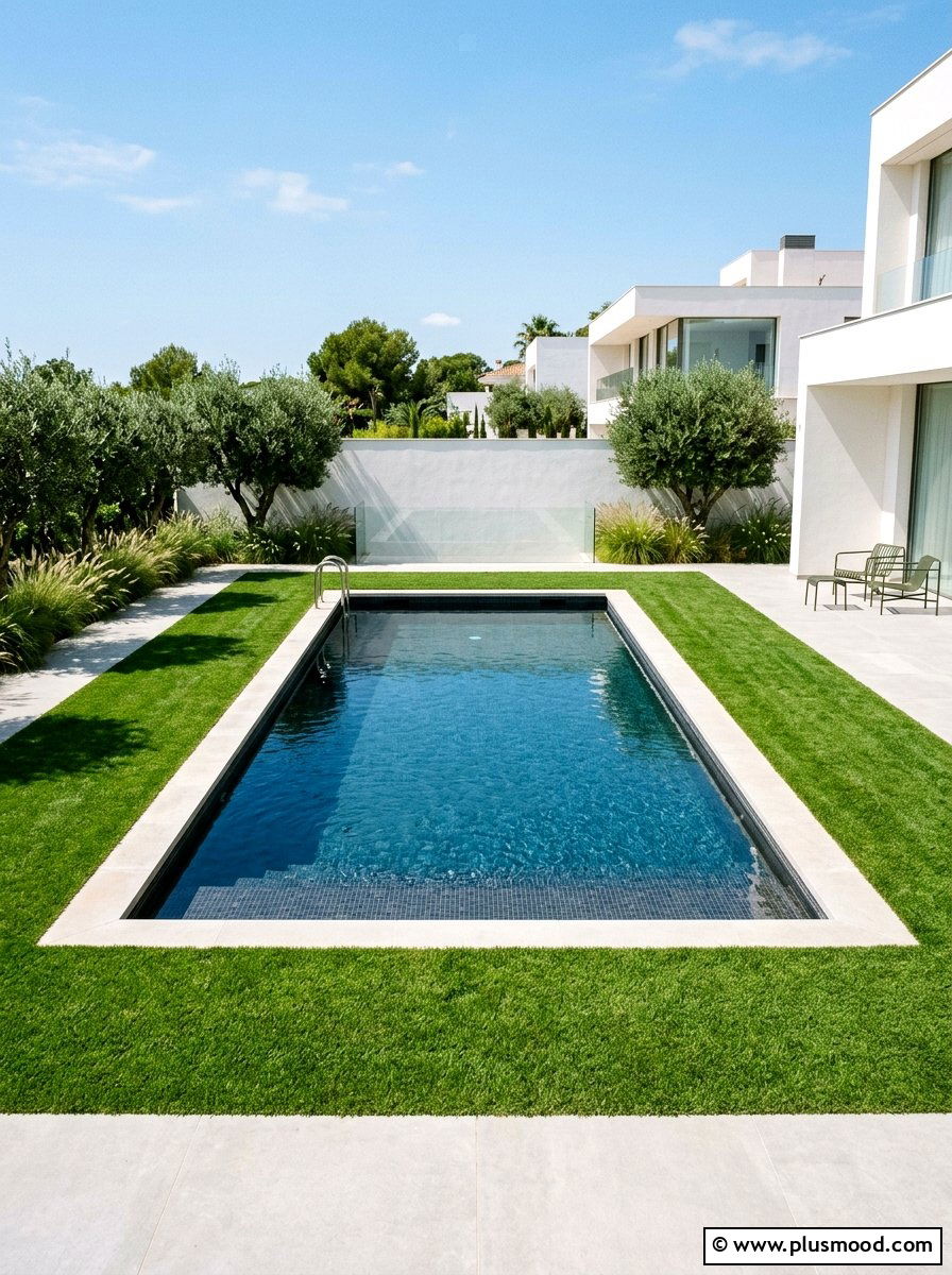 Rectangular pool with turf frame - 25 pool landscaping ideas with grass