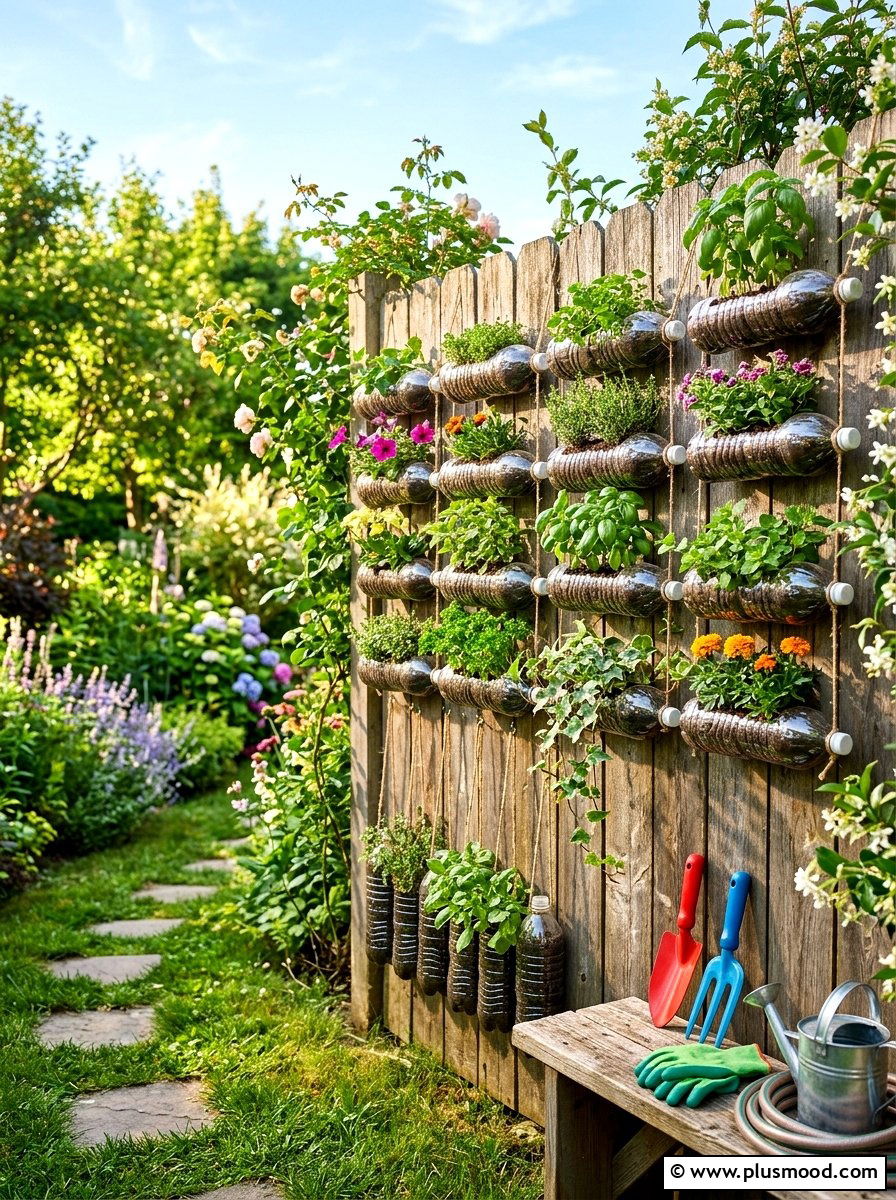 Recycled Bottle Garden - 25 outdoor garden decor ideas with vertical garden