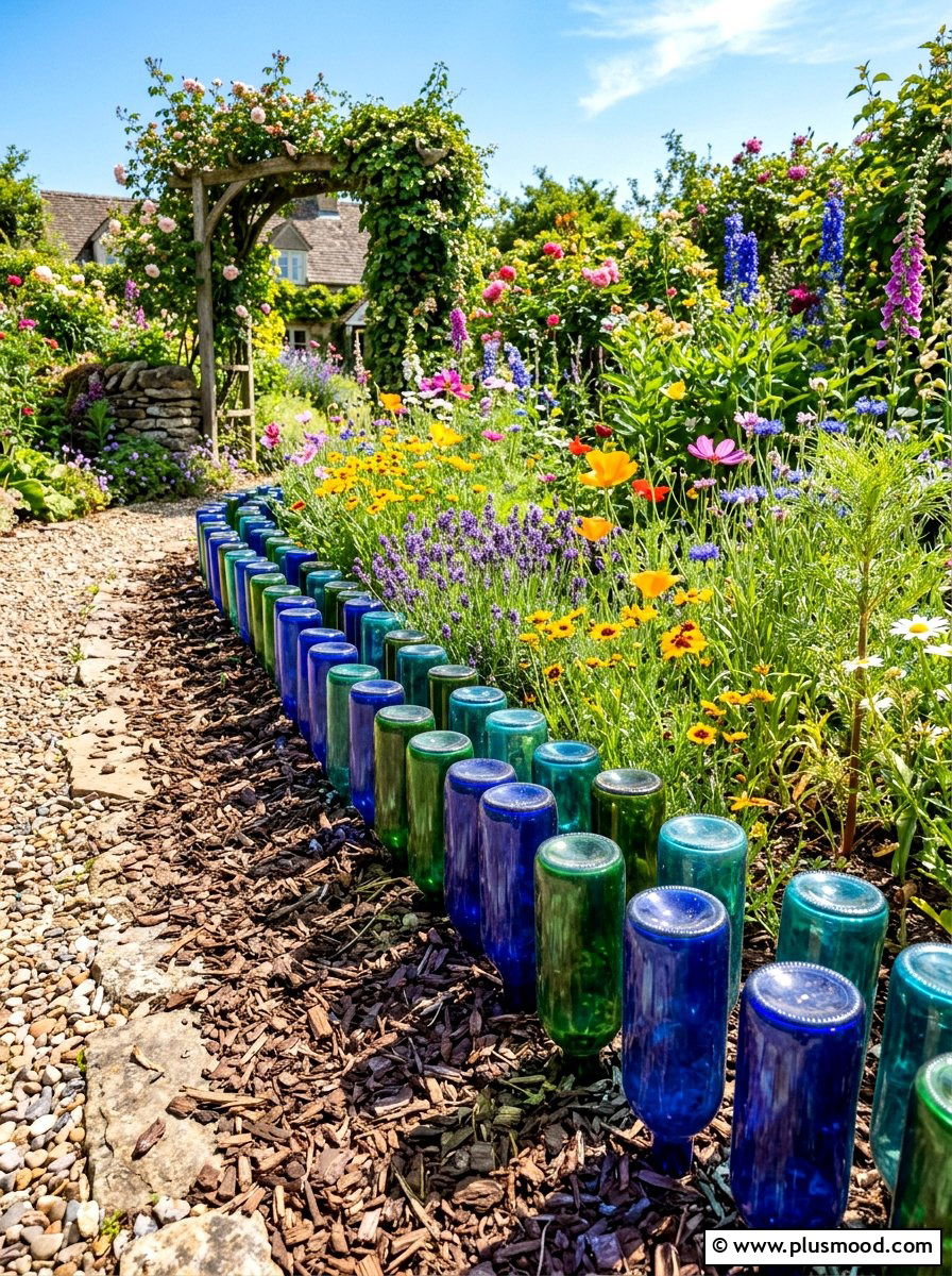 Recycled Glass Bottle Border - 25 summer flower bed edging ideas