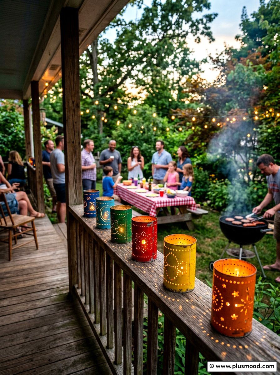 Recycled tin lanterns for backyard barbecue - 25 summer lantern decor ideas for parties