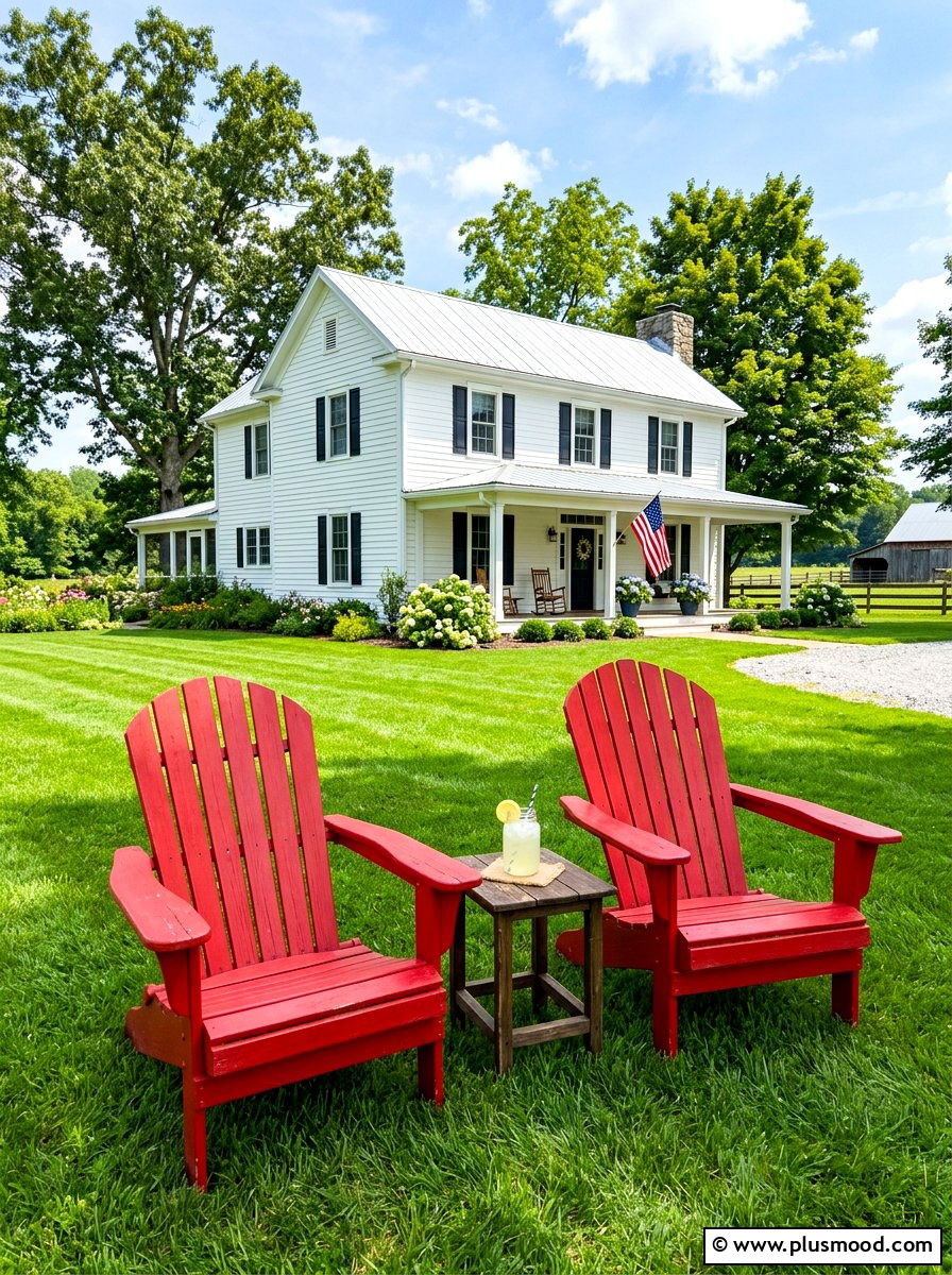 Red Adirondack chairs - 25 summer colorful curb appeal ideas
