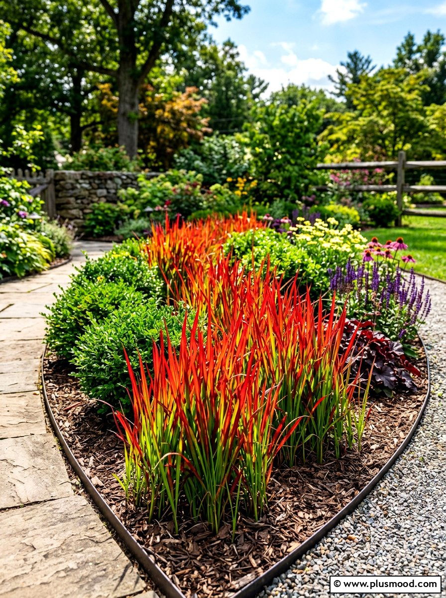 Red Baron Blood Grass Contrast - 25 summer ornamental grass landscaping ideas