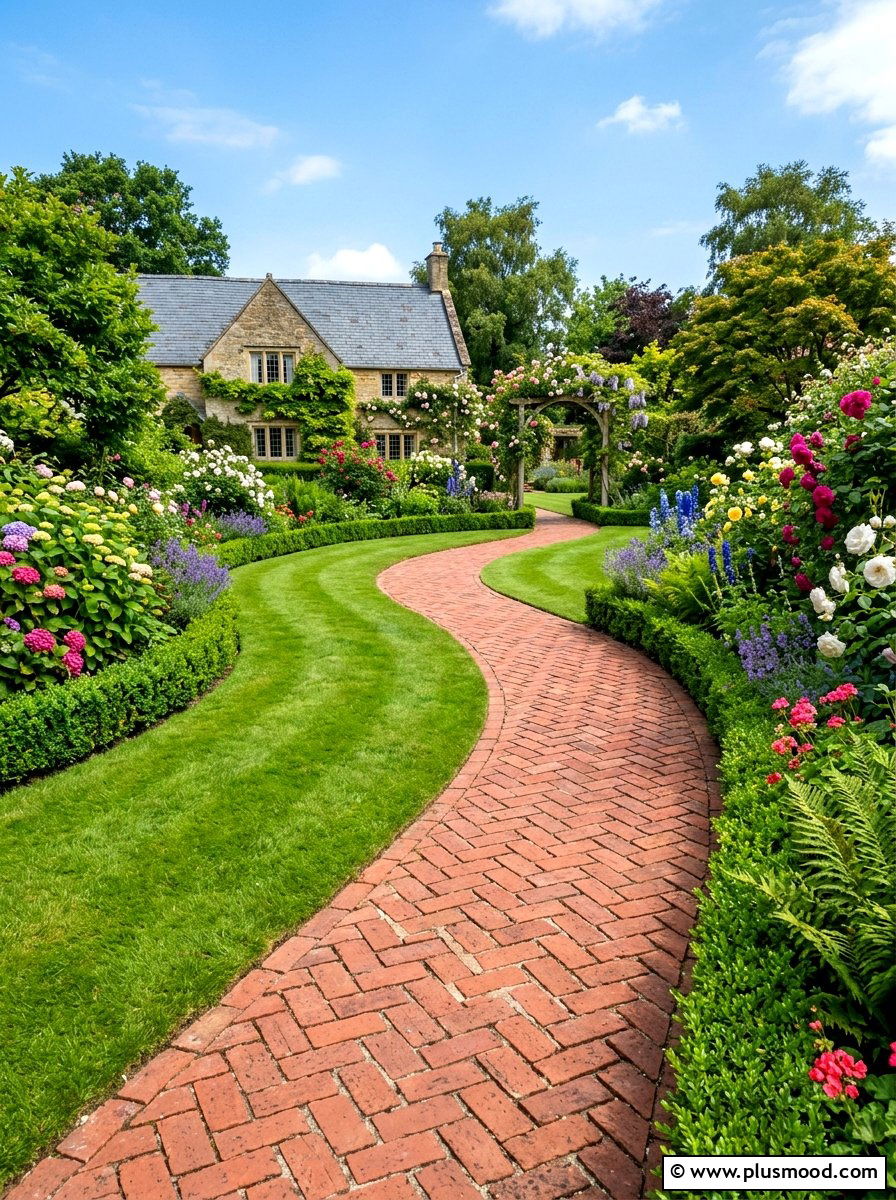 Red Brick Herringbone Path - 25 summer walkway landscaping ideas