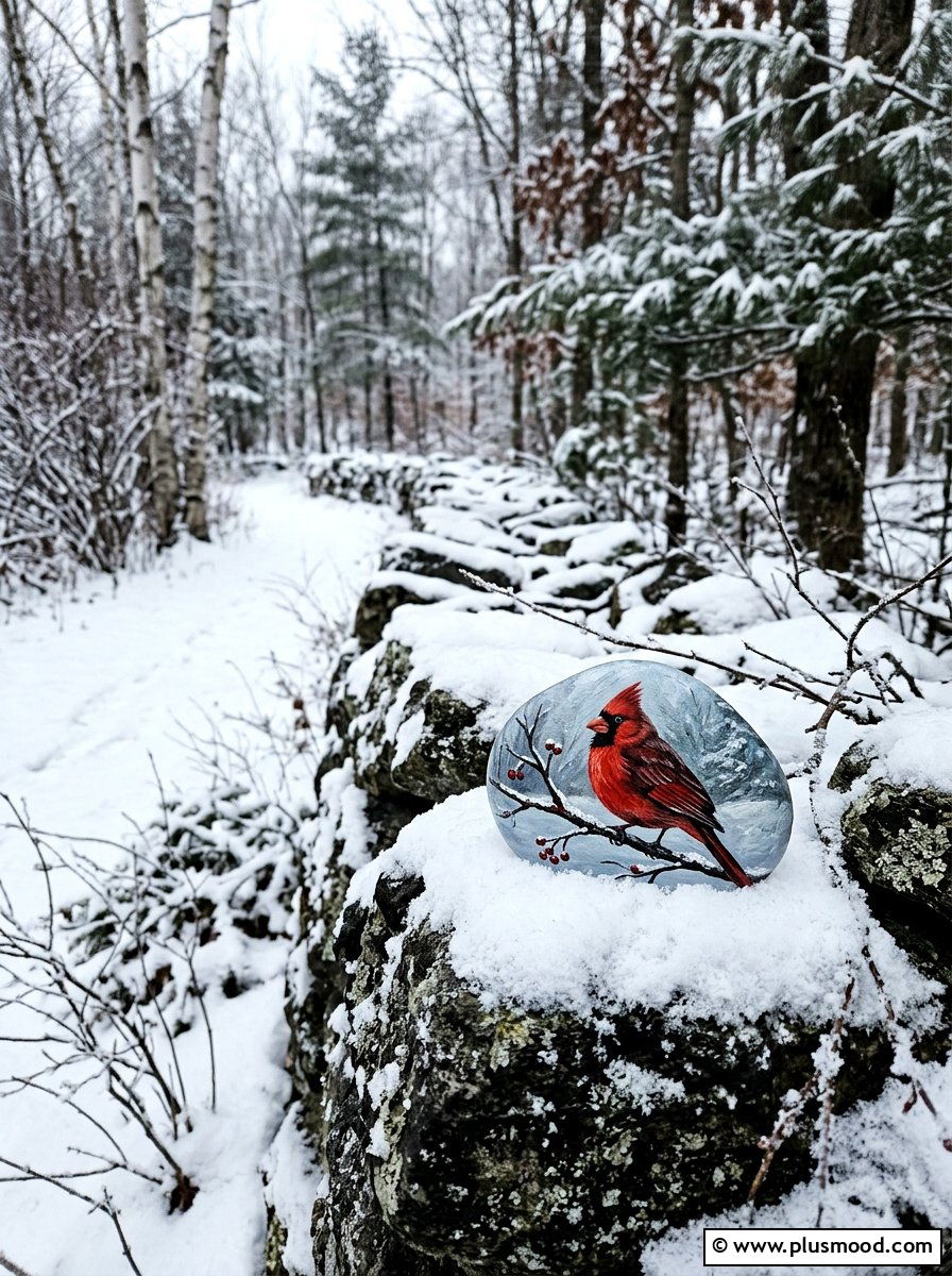 Red Cardinal Winter Rock - 25 painted rock ideas for winter scene