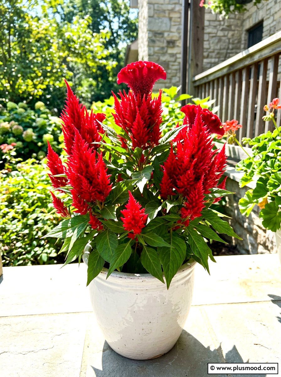 Red Celosia Arrangement - 25 late summer porch planter ideas