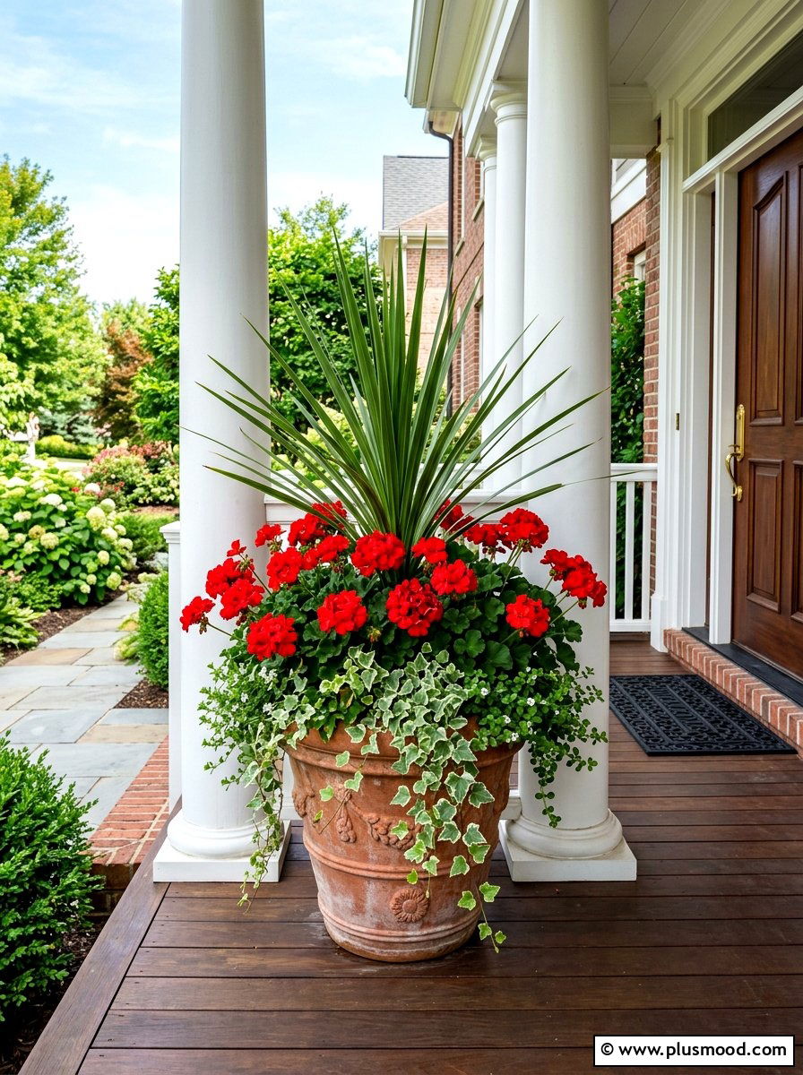 Red Geranium And Spike Dracaena - 25 summer flower pot arrangement ideas for front porch
