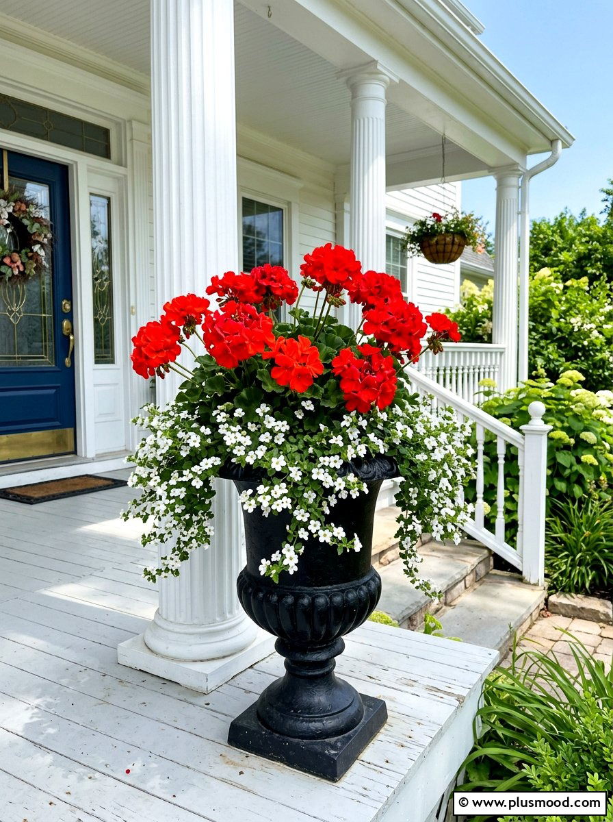 Red Geranium Container - 25 summer colorful planter ideas