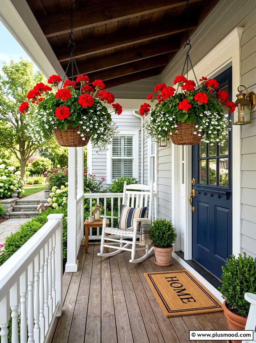 Red Geranium Hanging Basket - 25 summer front door planter ideas