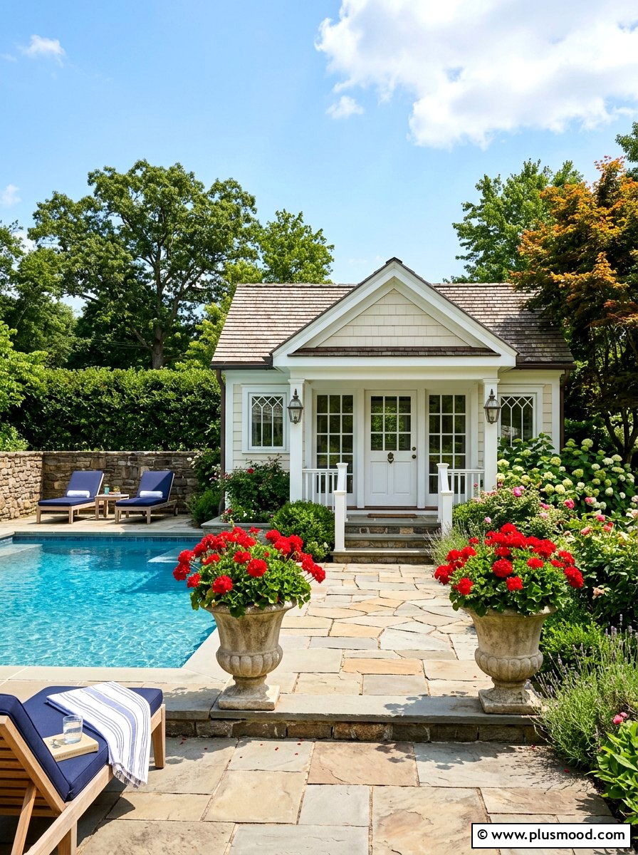 Red Geranium In Classic Urn Near Pool House - 25 pool landscaping ideas with potted plants