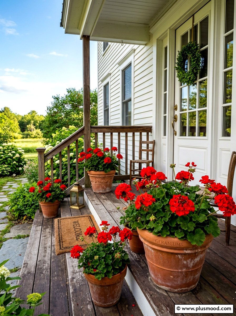 Red Geranium Planters - 25 summer front porch flower ideas