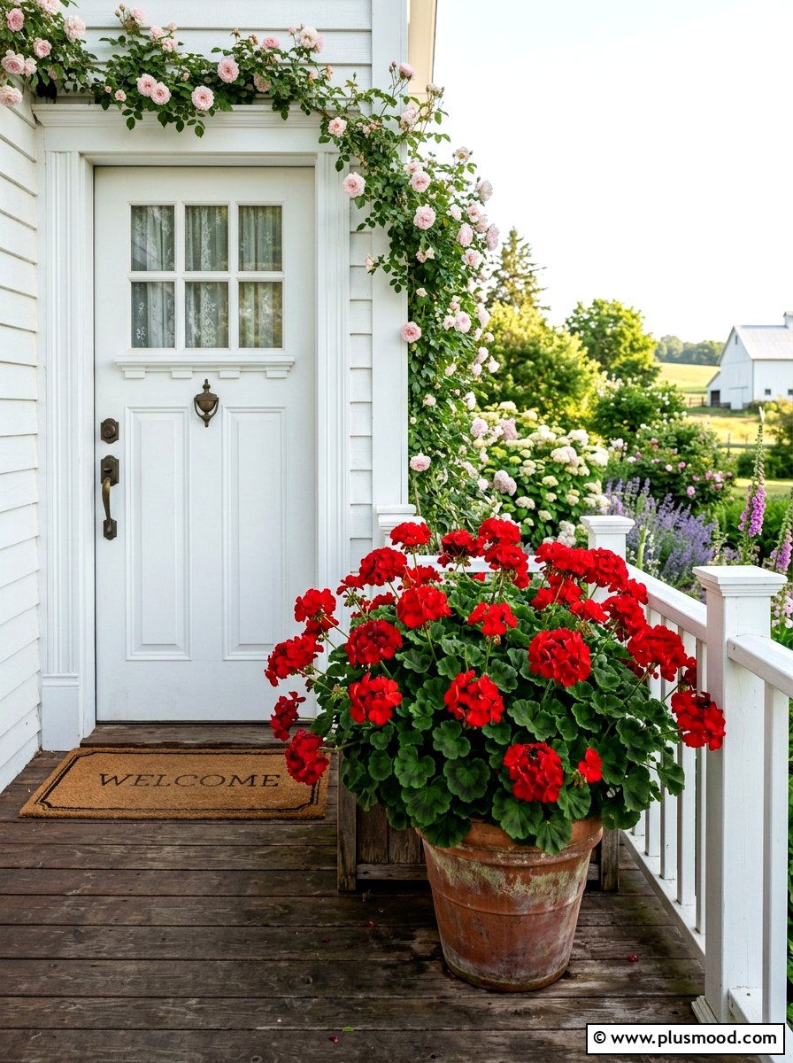 Red Geranium Porch Planter - 25 summer container ideas for front door