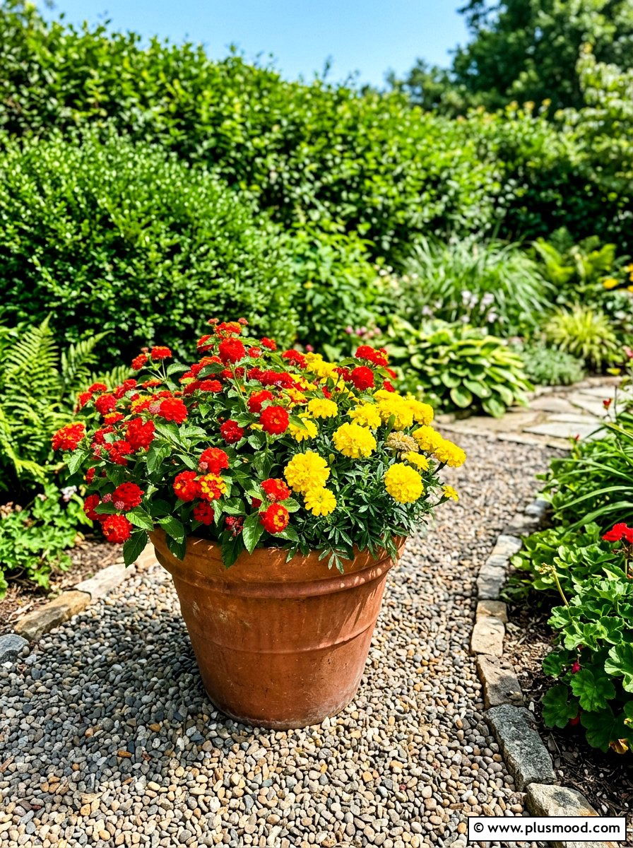 Red Lantana And Yellow Marigold Container - 25 summer planters with lantana ideas