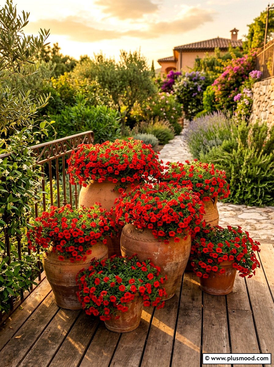 Red Million Bells In Terra Cotta Pots - 25 summer planters with calibrachoa ideas