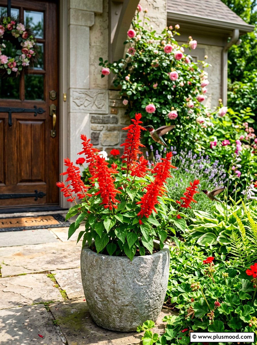 Red Salvia Flower Pot - 25 summer front door planter ideas