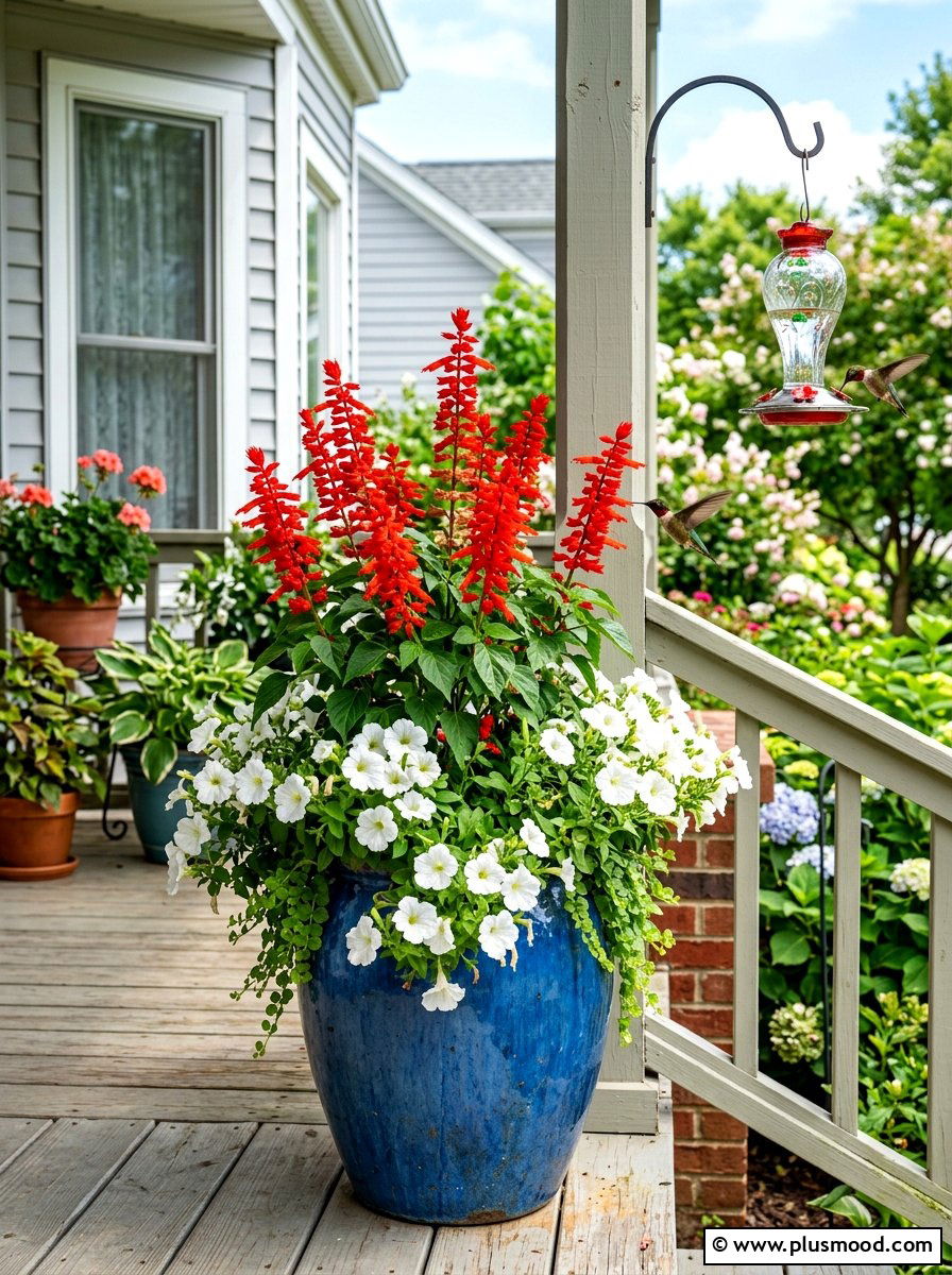 Red Salvia Hummingbird Urn - 25 summer porch urn ideas
