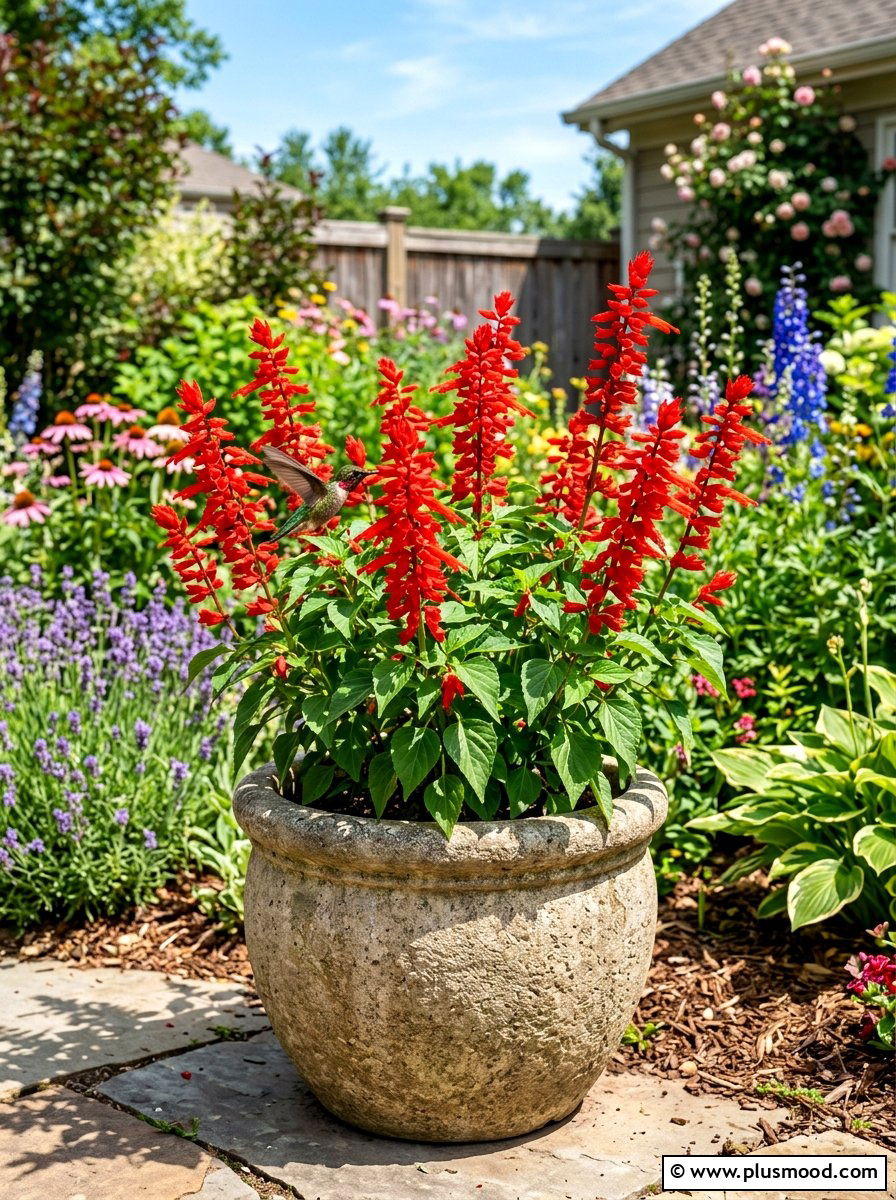 Red Salvia Pollinator Container - 25 summer container garden ideas
