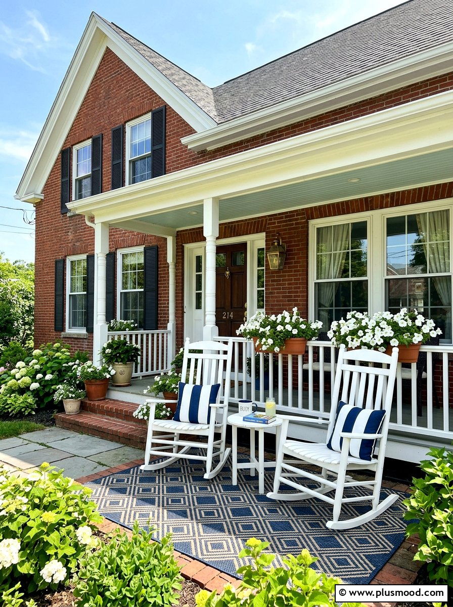 Red brick house front porch with white rocking chairs - 25 summer front porch decor ideas for brick house
