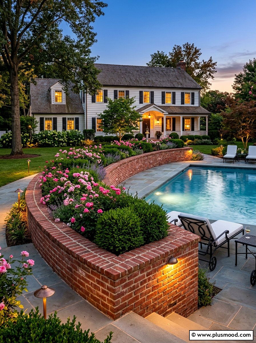 Red brick pool planter - 25 pool landscaping ideas with curved planters